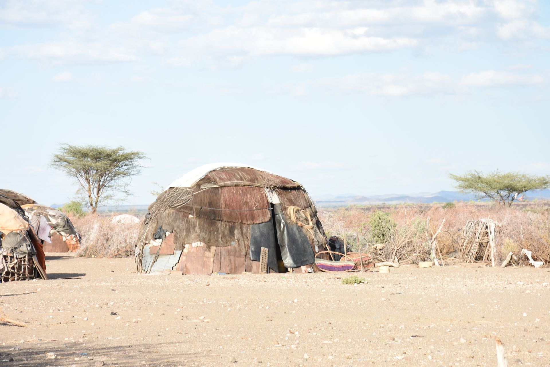 Traditional dome huts of a pastoralist homestead on open rangeland.