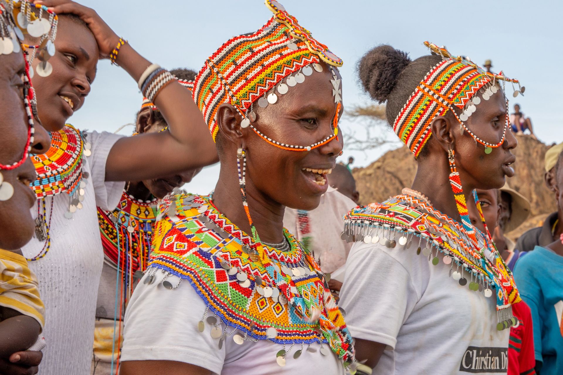 Close-up of traditional beaded headdress worn at a cultural celebration.
